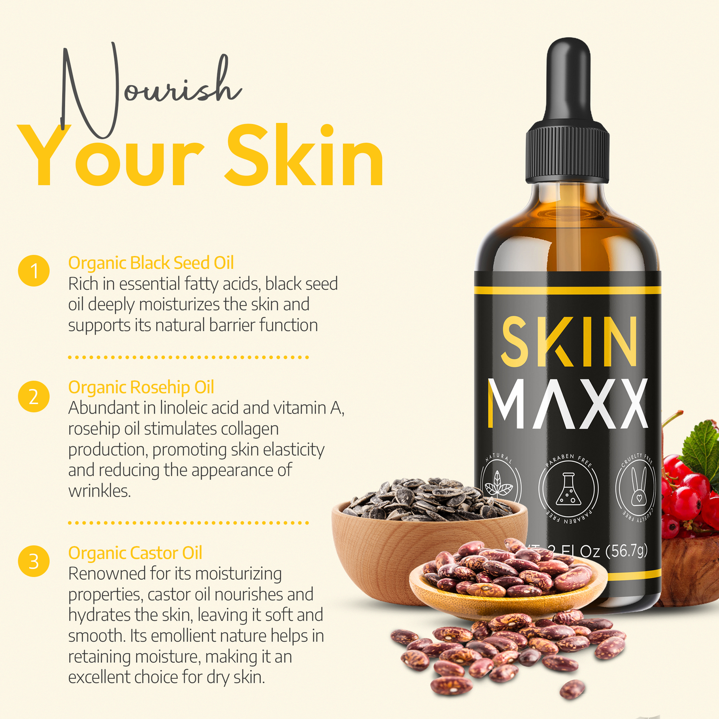 Organic Castor Oil, Rosehip Oil & Black Seed Oil for Face: Anti-Aging Facial Oil & Moisturizer